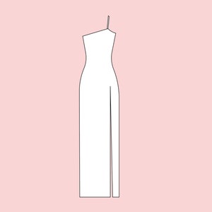 K&ouml;nnte beinhalten: Ein wei&szlig;es Maxikleid mit einem einzigen Tr&auml;ger und einem hohen Schlitz auf der linken Seite.