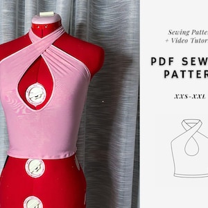 Puede incluir: Un patrón de costura de top rosa con tirantes y un escote de ojo de cerradura. El patrón incluye un tutorial en vídeo y está disponible en tallas XXS-XXL. Patrón de costura PDF.