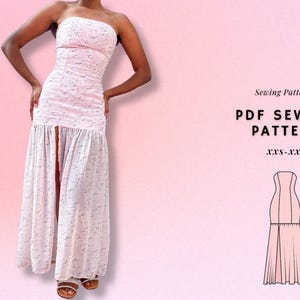 Może przedstawiać: Wzór szycia PDF na sukienkę maxi bez ramiączek z rozcięciem z przodu. Wzór dostępny w rozmiarach XXS-XXL.