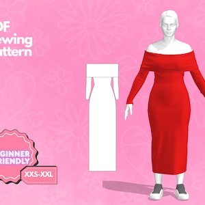 Off Shoulder Dress Pattern, Midi Dress,  Long sleeve, Womens Bodycon Dress Sewing Pattern, Digital PDF Printable Pattern, Beginner Patterns