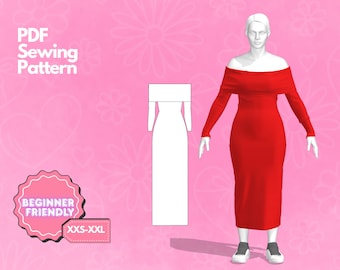 Schulterfreies Kleid Schnittmuster, Midi Kleid, lange Ärmel, figurbetontes Kleid Schnittmuster, PDF zum ausdrucken, Anfänger Schnittmuster