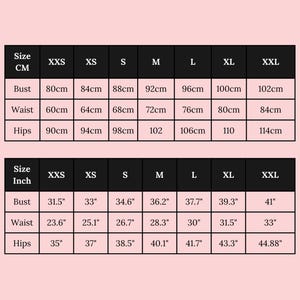 May include: Size chart in inches and centimetres for XXS to XXL. Bust, waist, and hip measurements are listed for each size.