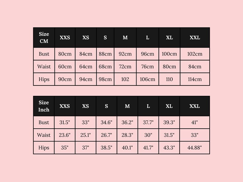 May include: Size chart in inches and centimetres for XXS to XXL. Bust, waist, and hip measurements are listed for each size.
