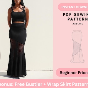 May include: A black crop top and mermaid skirt with a mesh panel are shown. The image includes text that reads "INSTANT DOWNLOAD PDF SEWING PATTERN XXS-XXL Beginner Friendly Bonus: Free Bustier + Wrap Skirt Pattern."