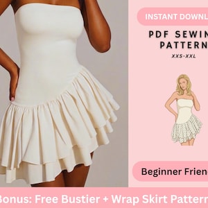 Puede incluir: Un vestido palabra de honor color crema con una falda con volantes. La imagen incluye el texto "INSTANT DOWNLOAD PDF SEWING PATTERN XXS-XXL" y "Beginner Friendly". La bonificación incluye un patrón gratuito de corpiño y falda envolvente.