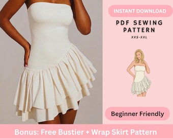 Patron de couture pour mini robe | Mini-robe bustier à ourlet double volanté | Patron de couture pour femmes | Téléchargement numérique instantané