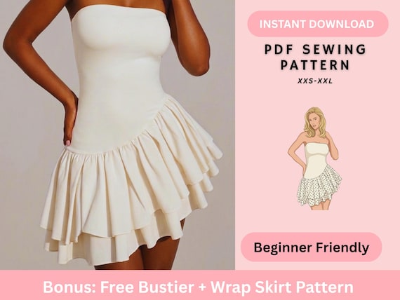 Mini Dress Sewing Pattern | Strapless Double Ruffle Hem Mini Dress | Women's Sewing Pattern | Digital Instant Download
