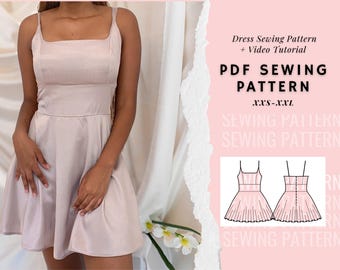 Patrón de costura de vestido, vestido con falda circular, vestido acampanado, cuello recto, patrón digital en PDF, patrón de vestido de mujer. Patrones de costura fáciles