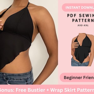 Mönster för Y2K-halternecktopp | Crop Top PDF | Djup V-ringning med knytning | Mönster för damtopp | Bralette | Digitalt