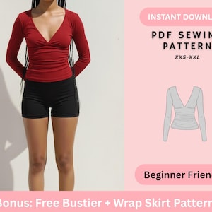 May include: A person wearing a red long-sleeve top with a V-neck and black shorts. The image includes a PDF sewing pattern for sizes XXS-XXL, labeled "Beginner Friendly", with a bonus free bustier and wrap skirt pattern.