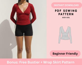 V-neck Long Sleeve Top, Ruched, Plunging Neckline, Bodycon/Fitted Top, Women's Sewing Pattern, Beginner/ Easy Digital Patterns