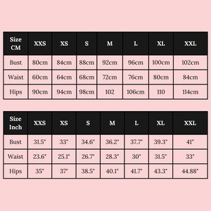 May include: A size chart with measurements in centimeters and inches. The chart includes bust, waist, and hip measurements for sizes XXS to XXL. The bust measurements range from 31.5 inches to 41 inches.