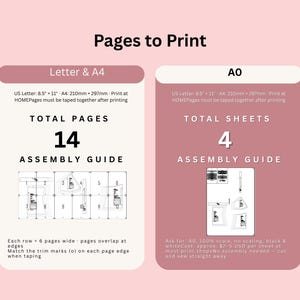 以下が含まれることがあります： 「Pages to Print」のテキストと、Letter & A4 および AO 用紙サイズでの印刷手順を示すグラフィック。 Letter & A4 オプションには 14 ページ、AO オプションには 4 枚のシートが必要です。組み立てガイドが含まれています。