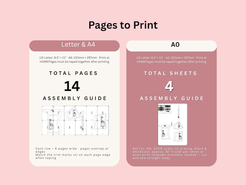 以下が含まれることがあります： 「Pages to Print」のテキストと、Letter & A4 および AO 用紙サイズでの印刷手順を示すグラフィック。 Letter & A4 オプションには 14 ページ、AO オプションには 4 枚のシートが必要です。組み立てガイドが含まれています。