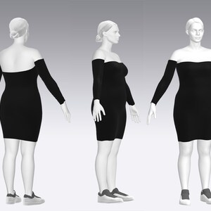 May include: A black off-the-shoulder dress with long sleeves. The dress is fitted and has a short length.