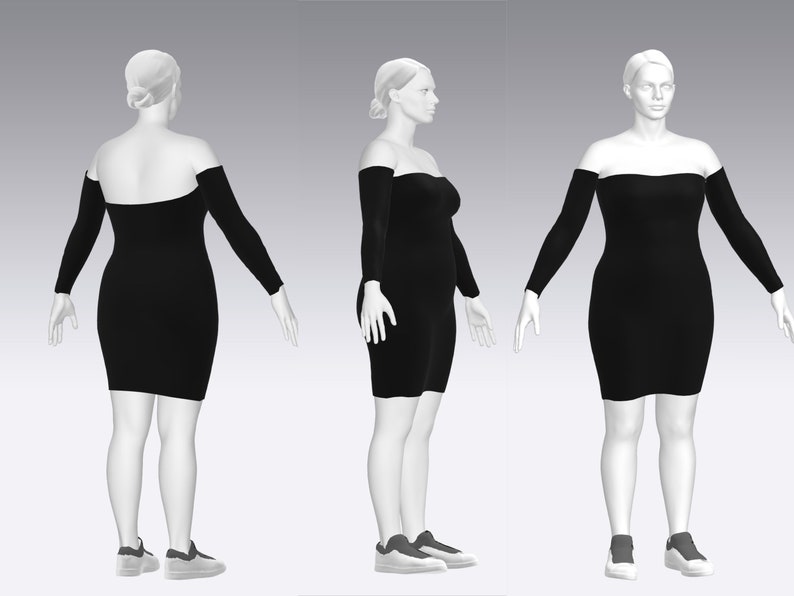 May include: A black off-the-shoulder dress with long sleeves. The dress is fitted and has a short length.