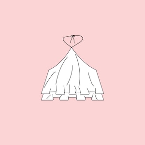 May include: A white halter top with a tiered, ruffled design. The top is depicted with black outlines against a light pink background. The halter straps tie at the neck.