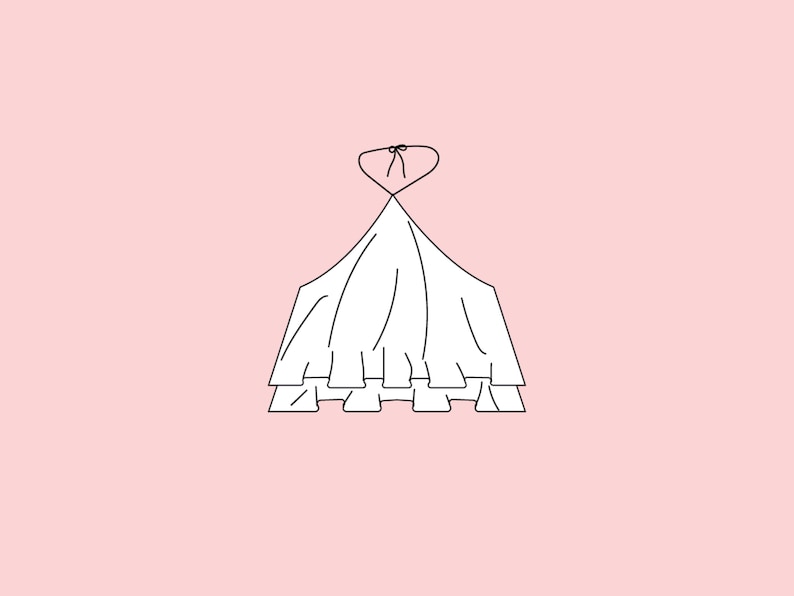 May include: A white halter top with a tiered, ruffled design. The top is depicted with black outlines against a light pink background. The halter straps tie at the neck.