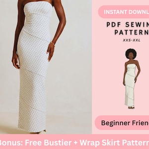 May include: A white strapless maxi dress with a subtle floral pattern. The dress features diagonal seam details. The image also includes a PDF sewing pattern for the dress, available in sizes XXS-XXL, and is beginner friendly.