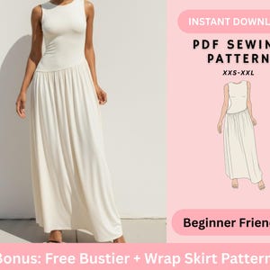 Puede incluir: Un vestido largo sin mangas de color marfil. El corpiño es entallado y la falda está fruncida. La imagen incluye el texto "INSTANT DOWNLOAD PDF SEWING PATTERN XXS-XXL" y "Beginner Friendly". Bonus: Free Bustier + Wrap Skirt Pattern.