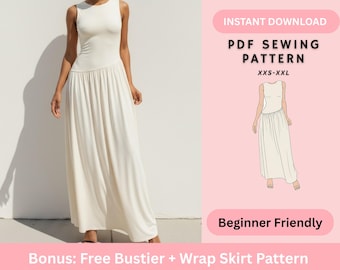 Patron de couture pour robe longue avec corsage ajusté | Jupe fluide froncée PDF | Patron facile pour femmes débutantes | Téléchargement instantané
