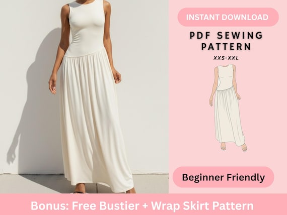 Fitted Bodice Maxi Dress Sewing Pattern | Gathered Flowy Skirt PDF | Easy Beginner Women's Pattern | Instant Download