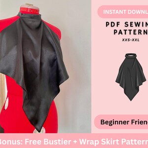 Può includere: Un top all'americana in raso nero con collo alto e orlo a punta esposto su un manichino rosso. L'immagine include il testo: INSTANT DOWNLOAD, PDF SEWING PATTERN, XXS-XXL, Beginner Friendly e Bonus: Free Bustier + Wrap Skirt Pattern.