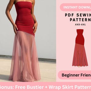 Peut inclure: Une robe longue au sol avec un corsage bustier rouge foncé uni et une jupe transparente et fluide. Le texte indique : INSTANT DOWNLOAD, PDF SEWING PATTERN, XXS-XXL, Beginner Friendly, Bonus: Free Bustier + Wrap Skirt Pattern.