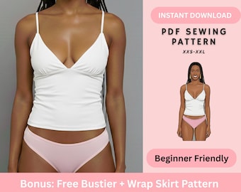 V Neck Cami Top PDF Sewing Pattern | Fitted Spaghetti Strap Tank Top Jersey Beginner Friendly Women XXS-XXL Instant Download