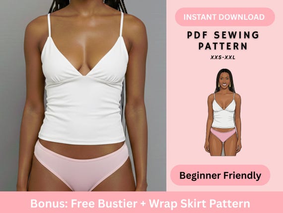 V Neck Cami Top PDF Sewing Pattern | Fitted Spaghetti Strap Tank Top Jersey Beginner Friendly Women XXS-XXL Instant Download