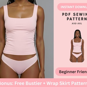 Può includere: Un top senza maniche rosa chiaro e un completo di biancheria intima abbinato. Il top senza maniche ha una scollatura quadrata. L'immagine include il testo "INSTANT DOWNLOAD PDF SEWING PATTERN XXS-XXL Beginner Friendly Bonus: Free Bustier + Wrap Skirt Pattern."