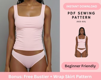 Square Neck Tank Top PDF Sewing Pattern | Fitted Sleeveless Jersey Crop Top Beginner Friendly Women XXS-XXL Instant Download