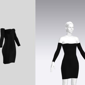 May include: A black off-the-shoulder dress with long sleeves.