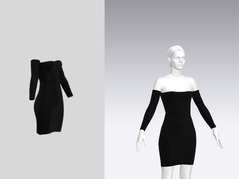 May include: A black off-the-shoulder dress with long sleeves.