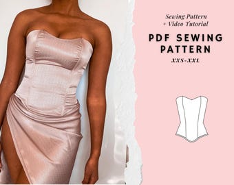 Patrón de costura de bustier, patrón de corsé, patrón de corsé sin tirantes, patrón de top con cordones, top de corsé, patrones de tops para mujer, patrón de costura en PDF