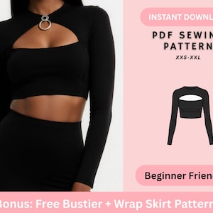 Può includere: Top corto nero a maniche lunghe con scollo a goccia e gonna. Il top ha uno scollo alto con un dettaglio ad anello argentato. L'immagine include il testo: "DOWNLOAD IMMEDIATO PDF MODELLO DI CUCITO XXS-XXL Principiante Bonus: Free Bustier + Wrap Skirt Pattern."