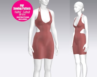 Halter Dress Sewing Pattern, Bodycon Dress Sewing Pattern, Dress Patterns For Women, Mini Dress pattern, Sewing Patterns Dress, PDF Patterns