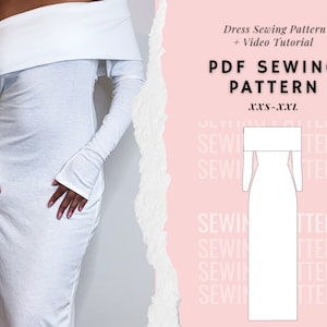 Off-shoulder maxi-jurk met split, naaipatroon damesjurk, patroon avondkleding, afdrukbaar patroon digitale pdf, patronen voor beginners