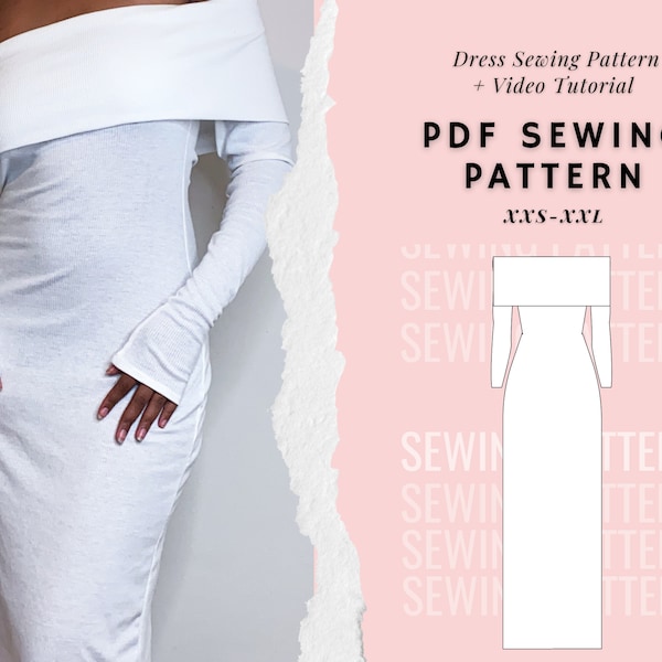 Off Shoulder Maxi Slit Dress Pattern, Womens Dress Sewing Pattern, Evening Wear Pattern, Digital PDF Printable Pattern, Beginner Patterns