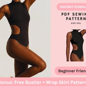 Op de afbeelding: Zwarte bodysuit met een hoge hals en zijuitsnijdingen. De afbeelding bevat de tekst "INSTANT DOWNLOAD PDF SEWING PATTERN XXS-XXL Beginner Friendly Bonus: Free Bustier + Wrap Skirt Pattern". Een kleinere illustratie van de bodysuit is ook te zien.