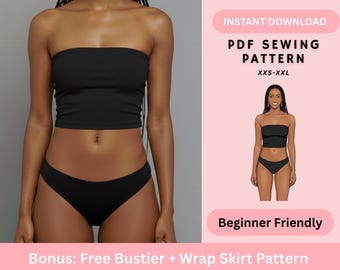 Tube Top PDF Sewing Pattern | Fitted Strapless Bandeau Crop Top Jersey Beginner Friendly Women XXS-XXL Instant Download
