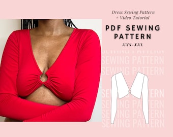 May include: A PDF sewing pattern for a red long-sleeved crop top with a deep V-neck and a ring detail at the neckline. The pattern is available in sizes XXS-XXL.  Dress Sewing Pattern + Video Tutorial PDF SEWING PATTERN XXS-XXL SEWING PATTERN SEWING PATTERN SEWING PATTERN SEWING PATTERN SEWING PATTERN