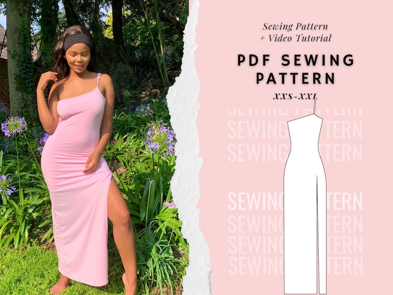 Maxikleid Schnittmuster, One-Shoulder-Kleid-Schnittmuster, Bodycon-Kleid-Schnittmuster, Schnittmuster für Frauenkleid, Schnittmuster Bild 1