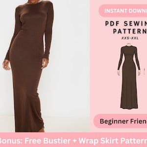 May include: A long-sleeved, floor-length brown dress. The image includes a PDF sewing pattern with the text "PDF Sewing Pattern" and "XXS-XXL". The text "Beginner Friendly" and "Bonus: Free Bustier + Wrap Skirt Pattern" are also visible.