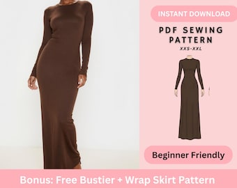 Maxi Dress Pattern, Flared Dress, Long sleeve, Round Neckline, MIdi Dress, Women's Dress Sewing Pattern, Cocktail Dress, Winter/Fall Dress