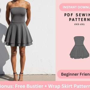 Robe tube bustier PDF Patron de couture | Mini-robe avec jupe circulaire double épaisseur adaptée aux débutants pour femmes XXS-XXL Téléchargement instantané