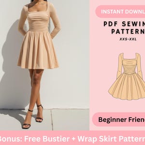 May include: A beige dress with a square neckline and long sleeves. The dress features a ruched bodice and a flared skirt. The image includes text: "INSTANT DOWNLOAD PDF SEWING PATTERN XXS-XXL" and "Beginner Friendly".