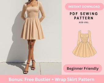 Mini-robe à encolure carrée et corsage froncé Patron de couture PDF | Robe patineuse à manches longues adaptée aux débutants pour femmes XXS-XXL Téléchargement instantané