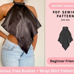 Puede incluir: Un top halter de satén negro con dobladillo en punta. La imagen incluye texto: INSTANT DOWNLOAD, PDF SEWING PATTERN, XXS-XXL, Beginner Friendly, y Bonus: Free Bustier + Wrap Skirt Pattern, junto a un dibujo lineal negro del top.