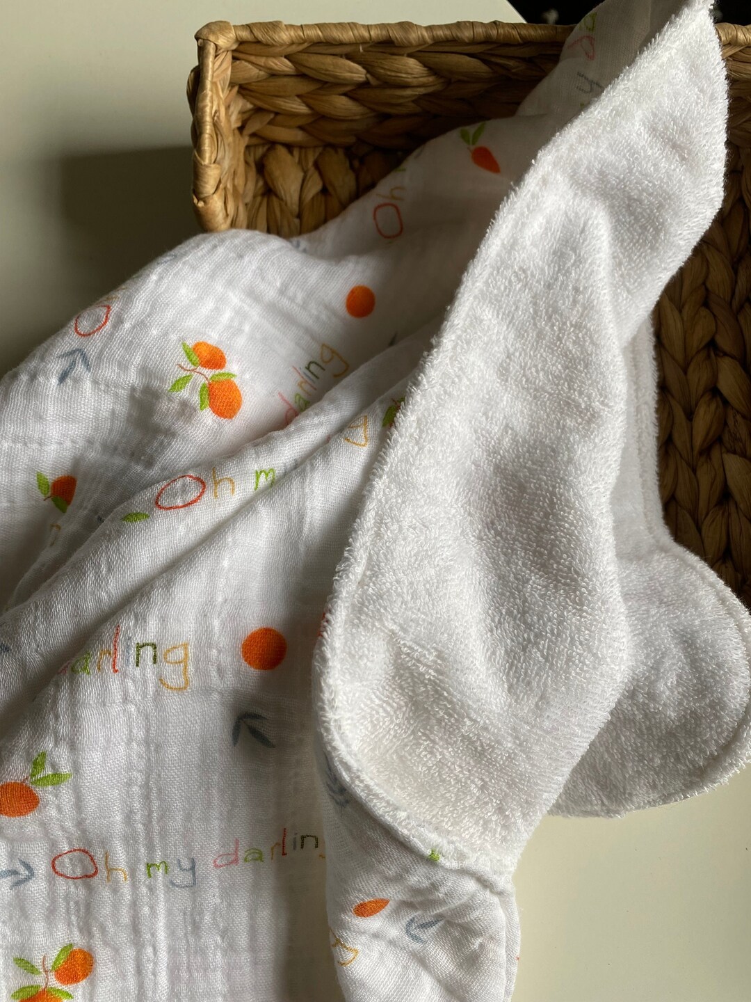 Clementine Print Organic Cotton and White Terrycloth Baby Bath Towel